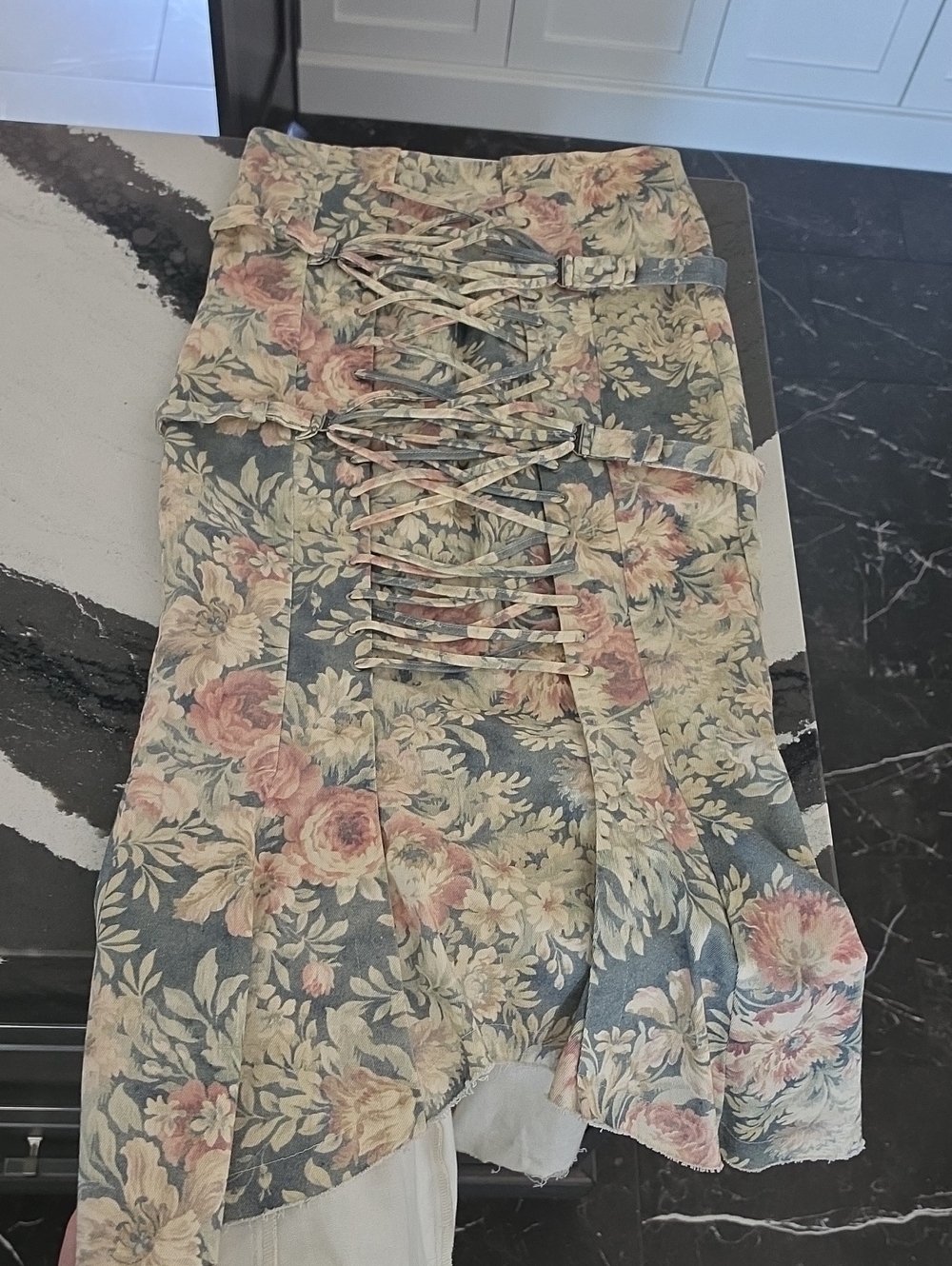 Floral Lace-Up Midi Skirt in Dusty Blue and Blush